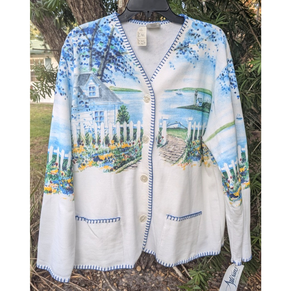 Vintage Artisans Graphic Sweatshirt XXL Seaside Cardigan V-Neck Womens